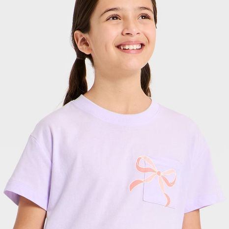 Cat & Jack Girls' Short Sleeve 'Bow/Cat' Graphic T-Shirt, XS - Pale Lavender
