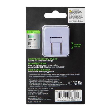 Five Below 20W Power Delivery Dual USB-C Charger - Purple