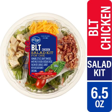 Kroger Blt Chicken Romaine Lettuce Grape Tomatoes White Meat Chicken Cheddar Cheese Bacon Red Cabbage Carrot Salad Kit For One With Avocado Ranch Dressing