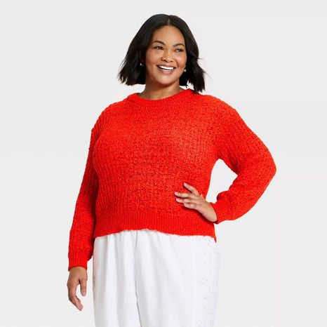 A New Day Women's Long Sleeve Round Neck Tape Yarn Pullover Sweater, 3X - Red