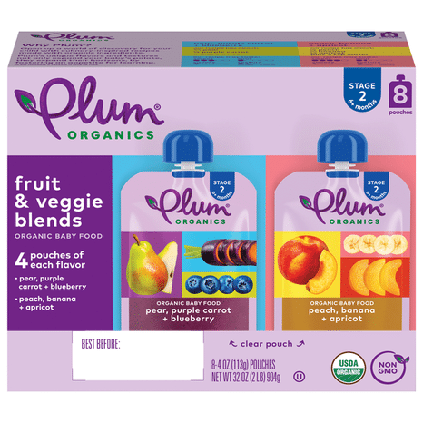 Plum Organics Stage 2 Pear, Purple Carrot + Blueberry & Peach, Banana + Apricot 4oz Pouch-8-Pk
