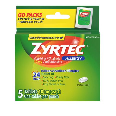 ZYRTEC 24 Hour Allergy Relief Tablets, Indoor & Outdoor Allergy Medicine with 10 mg Cetirizine HCl per Antihistamine Tablet, On-the-Go Relief, Individual Travel Pouches, 5 ct, (5 x 1 ct)