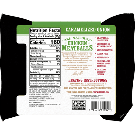 Aidells Chicken Meatballs, Caramelized Onion, 12 oz. (Fully Cooked)