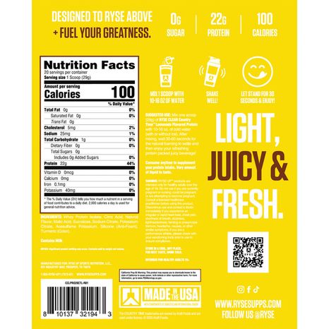 RYSE Clear Whey Isolate Protein Powder - Lemonade