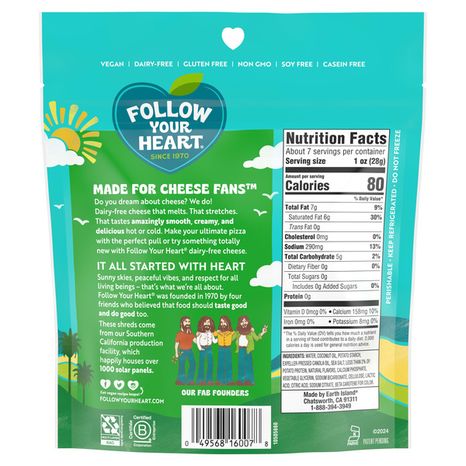 Follow Your Heart Dairy Free Cheese, Shredded Mozzarella Style, Non-GMO, Gluten Free, Lactose Free, A Vegan, Plant Based Cheese, Great on Sandwiches or Beautifully Melty for Nachos, 7 OZ Pack