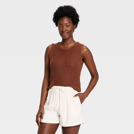 A New Day Women's Crewneck Drop Needle Pullover Sweater Tank, S - Brown
