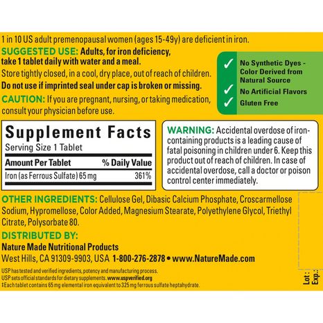 Nature Made Iron 65 mg (325 mg Ferrous Sulfate) Tablets