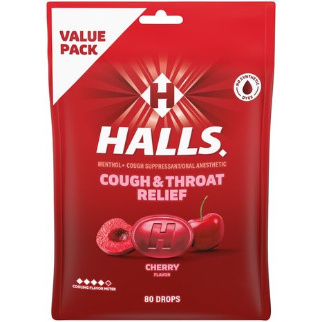 Halls Relief Cherry Cough Suppressant/Oral Anesthetic Menthol Drops