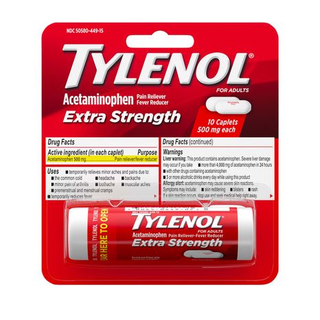 TYLENOL Extra Strength Pain Relief Caplets with 500 mg Acetaminophen For Headache, Backache & Menstrual Pain Relief, Pain Reliever & Fever Reducer Medicine, Travel Size, 10 ct