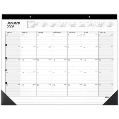 Office Depot January 2026 - December 2026 Monthly Desk Pad Calendar, 21 3/4 x 17 in - White & Black