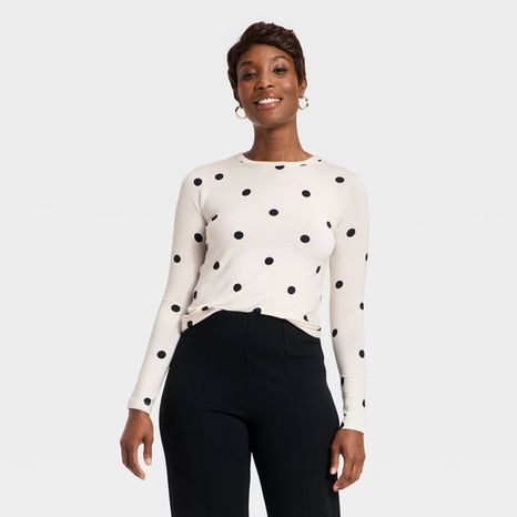 A New Day Women's Long Sleeve Fitted Jersey T-Shirt, S - Black/White Dot