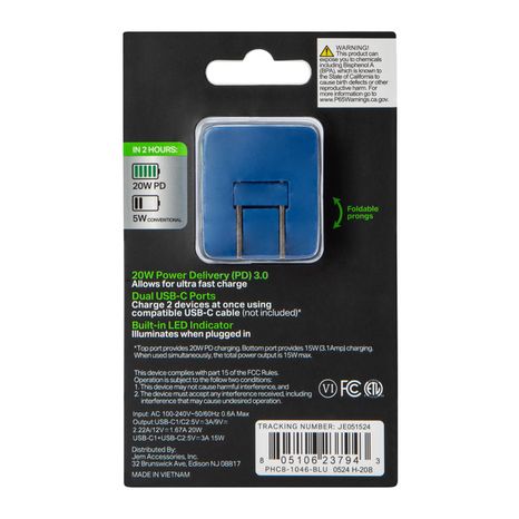 Five Below 20W Power Delivery Dual USB-C Charger - Blue