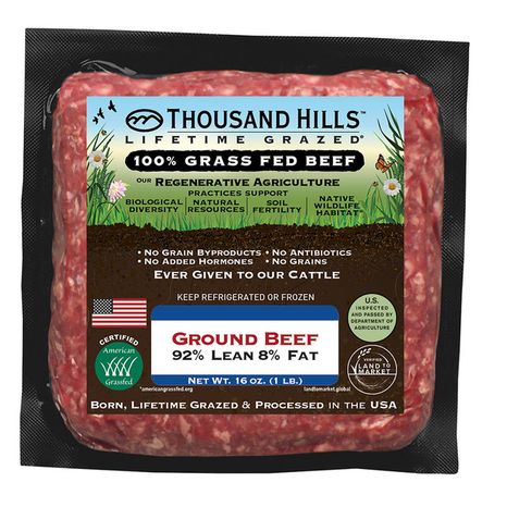 Thousand Hills Lifetime Grazed 100% Grass Fed Ground Beef, 92% Lean 8% Fat