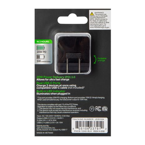 Five Below 20W Power Delivery Dual USB-C Charger, Large - Black