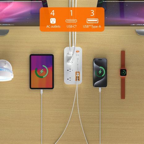 j5create 4-Outlet, 3-USB-A & 1-USB-C 500J Smart Matter Enabled Surge Protector Power Strip - White & Orange