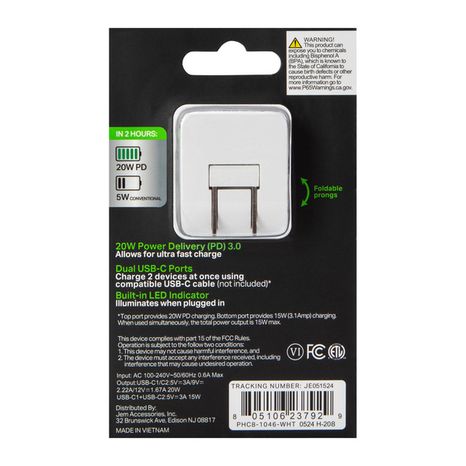 Five Below 20W Power Delivery Dual USB-C Charger, Large - White