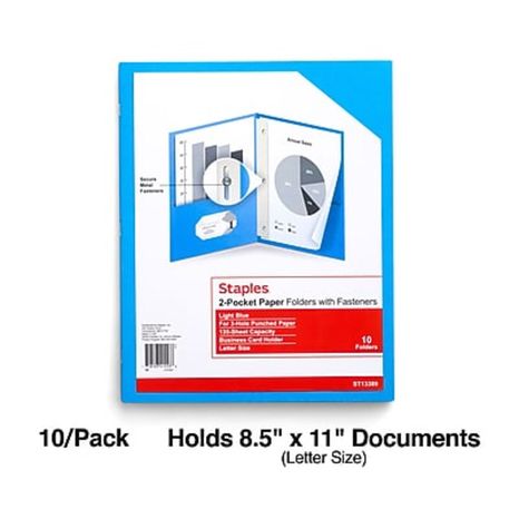 Staples 13389-CC Light Blue 2 Pocket Fastener Folders