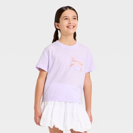 Cat & Jack Girls' Short Sleeve 'Bow/Cat' Graphic T-Shirt, XS - Pale Lavender