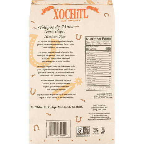 Xochitl White Corn Chips, No Salt, Thin & Crispy, Mexican Style