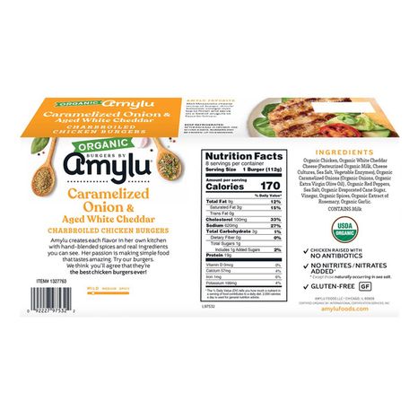 Amylu Chicken Burgers, Charbroiled, Organic, Caramelized Onion & Aged White Cheddar