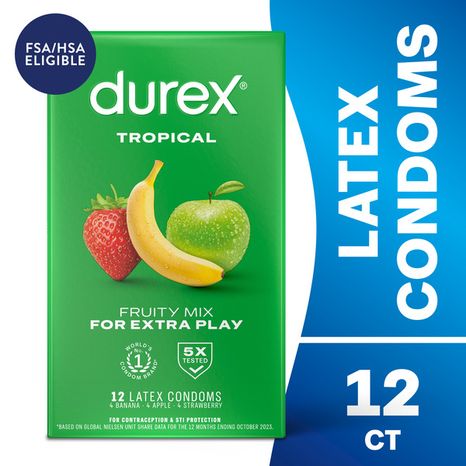 DUREX® Durex Tropical Condoms, Natural Rubber Latex Condoms for Men, Close Fit, FSA & HSA Eligible, Exciting Flavors, 12 Count (Packaging May Vary)