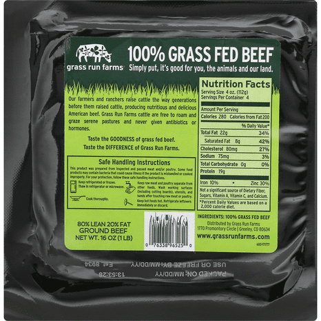Grass Run Farms Beef, Ground, 80/20