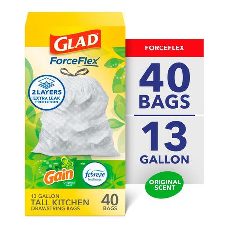 Glad ForceFlex Tall Kitchen Drawstring Trash Bags, 13 Gal, Gain Original with Febreze