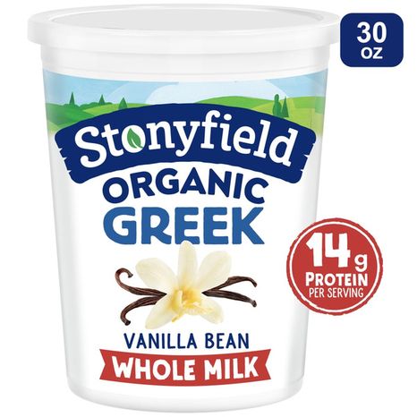 Stonyfield Organic Vanilla Bean Greek Whole Milk Yogurt Container