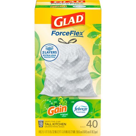 Glad ForceFlex Tall Kitchen Drawstring Trash Bags, 13 Gal, Gain Original with Febreze
