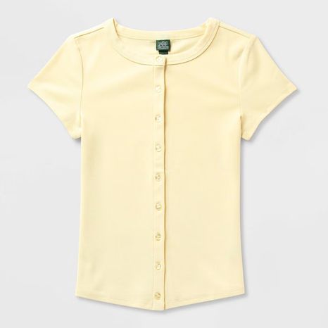 Wild Fable Women's Cap Sleeve Round Neck Button-Down Shirt, L - Yellow