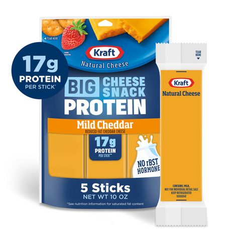Kraft Natural Cheese Protein Reduced Fat Mild Cheddar Protein Big Stick 10 oz Bag (5-2oz Sticks)