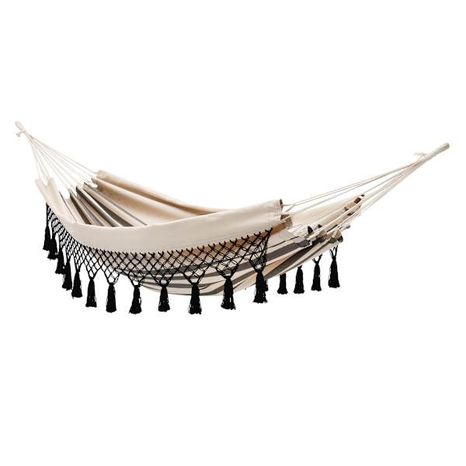 At Home Striped Outdoor Hammock with Tassels - Tan & Black
