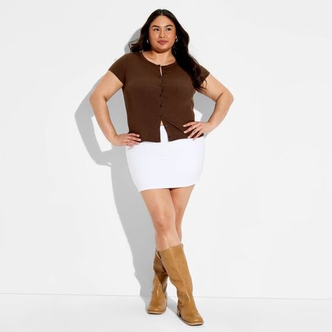 Wild Fable Women's Cap Sleeve Round Neck Button-Down Shirt, 1X - Brown