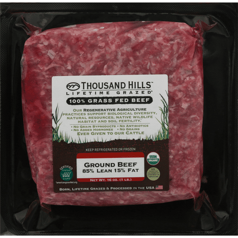 Thousand Hills Lifetime Grazed Ground Beef, 85%/15%, 100% Grass Fed