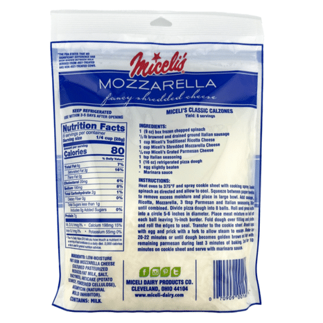 Miceli's Mozzarella Cheese, Low Moisture Part-Skim, Fancy Shredded