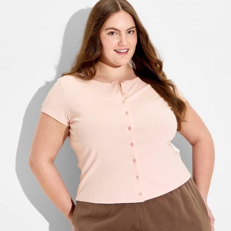 Wild Fable Women's Cap Sleeve Round Neck Button-Down Shirt, XXL - Pink