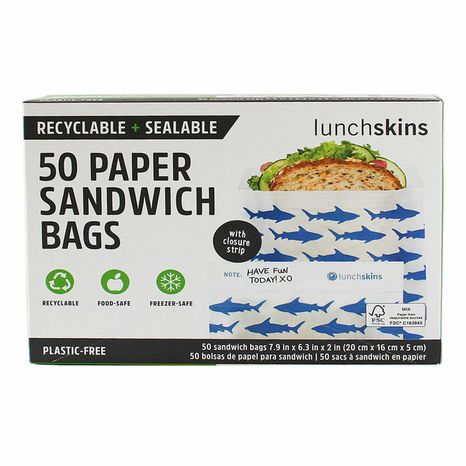 Lunchskins Recyclable + Sealable Sandwich Bags w/Closure Strip, Navy Shark