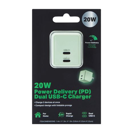 Five Below 20W Power Delivery Dual USB-C Charger, 1.4 x 1.3 x 1.3 in