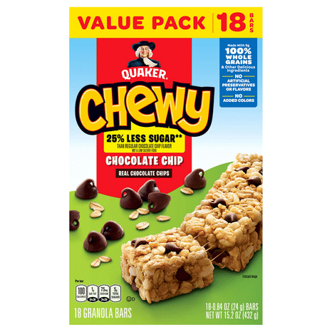 Quaker Chewy Granola Bars, 25% Less Sugar, Chocolate Chip - Pack