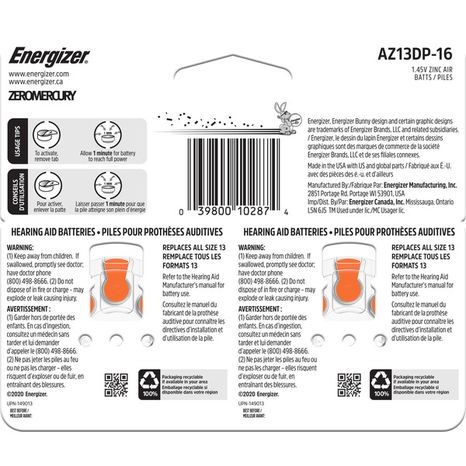 Energizer Batteries Size 13, Orange Tab