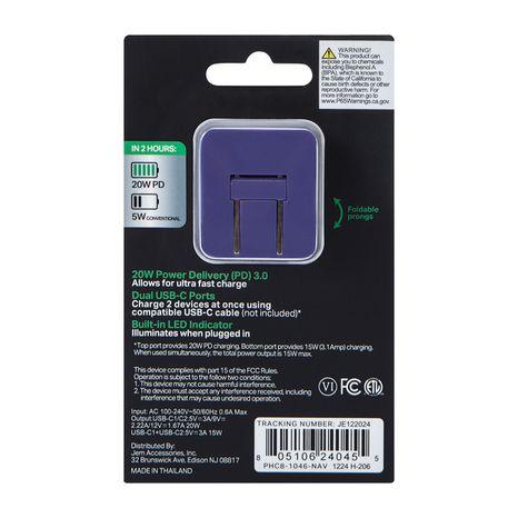 Five Below 20W Power Delivery Dual USB-C Charger, 1.4 x 1.3 x 1.3 in