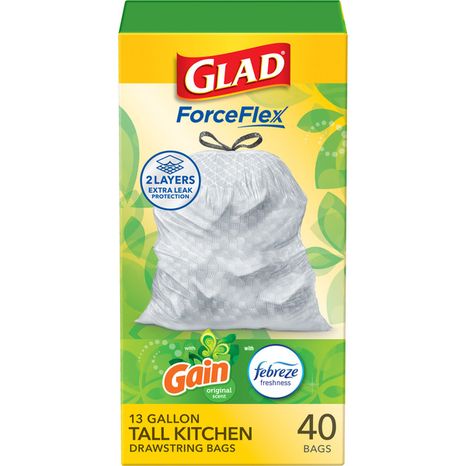 Glad ForceFlex Tall Kitchen Drawstring Trash Bags, 13 Gal, Gain Original with Febreze