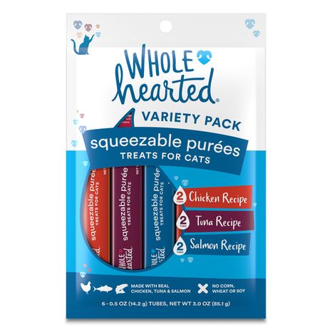 WholeHearted Treats for Cats, Chicken Recipe/Tuna Recipe/Salmon Recipe, Squeezable Puree