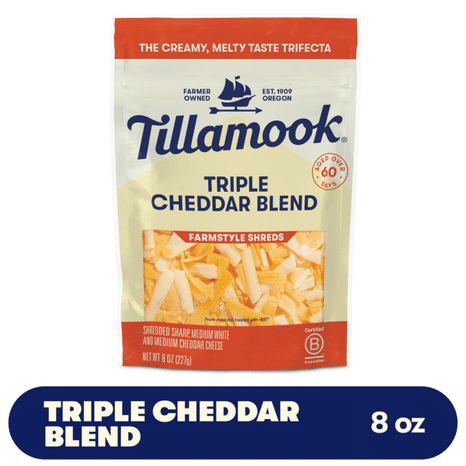 Tillamook Farmstyle Triple Cheddar Cheese Blend Shredded Cheese, 8oz