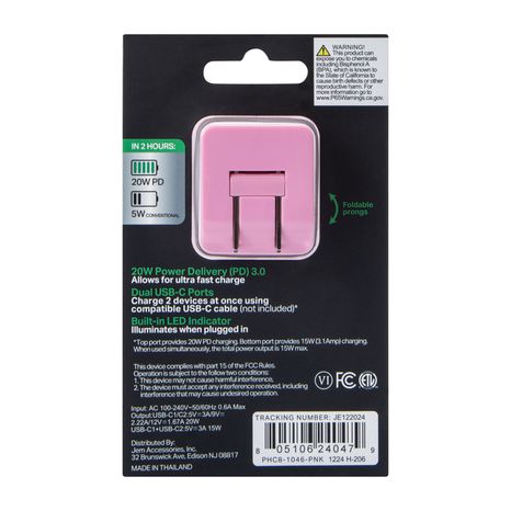 Five Below 20W Power Delivery Dual USB-C Charger, Large