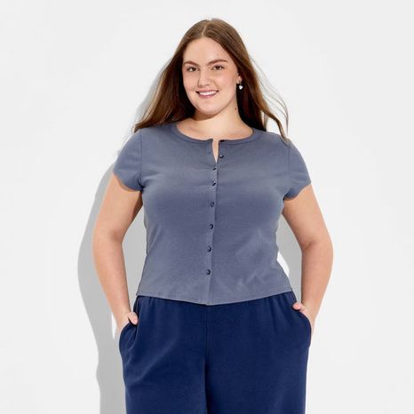 Wild Fable Women's Cap Sleeve Round Neck Button-Down Shirt, 1X - Dark Blue