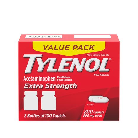 TYLENOL Extra Strength 500mg Acetaminophen Caplets, 100 Ct, Two Pack