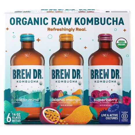 Brew Dr. Kombucha Costco Variety Pack, Clear Mind, Island Mango, Superberry