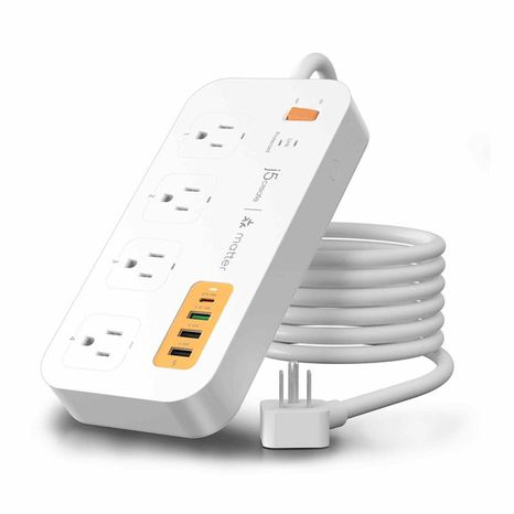 j5create 4-Outlet, 3-USB-A & 1-USB-C 500J Smart Matter Enabled Surge Protector Power Strip - White & Orange