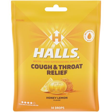 Halls Cough & Throat Relief Honey Lemon Cough Drops 14 Drops